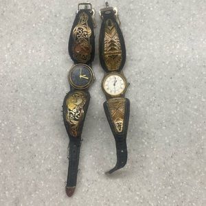 Two Vintage Montana Silversmiths Black Leather Ladies Wrist Watch Need Battery